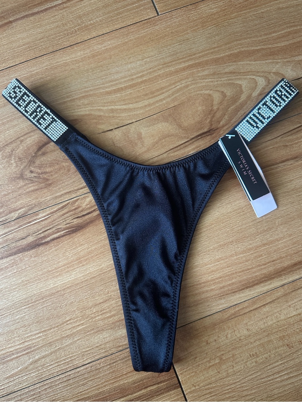 Victoria's Secret Swim Black Rhinestone-Embellished Thong Bikini Bottoms Size XS